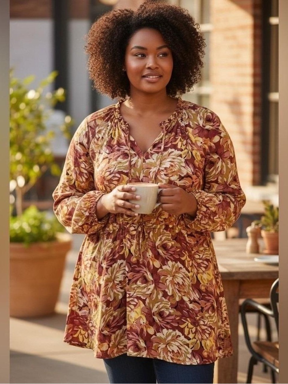 Torrid Babydoll Rose Floral Peasant Tunic Blouse Burgundy Mustard Plus Size 2X